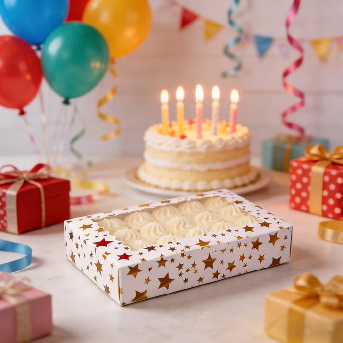 10 Pcs Window Cake Boxes with Gold Print Food-Grade Cardboard Star or Dot