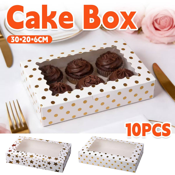 10 Pcs Window Cake Boxes with Gold Print Food-Grade Cardboard Star or Dot