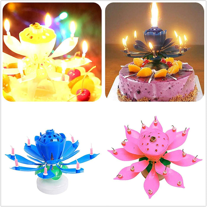 2Pcs Lotus Music Birthday Cake Candle Rotating Double-Deck