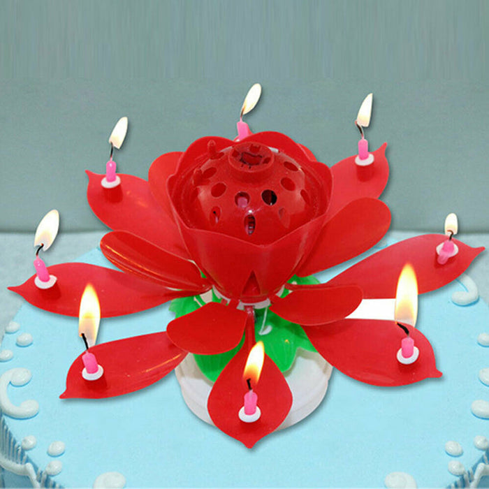 2Pcs Lotus Music Birthday Cake Candle Rotating Double-Deck