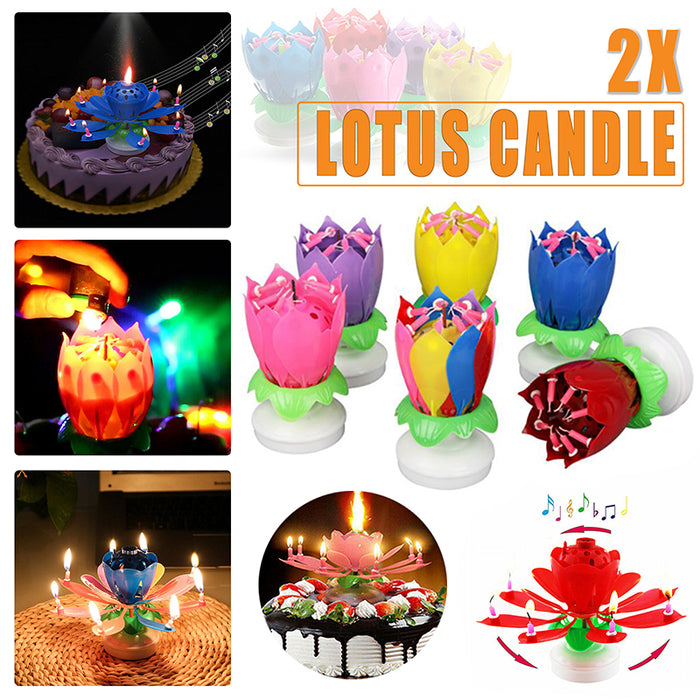 2Pcs Lotus Music Birthday Cake Candle Rotating Double-Deck