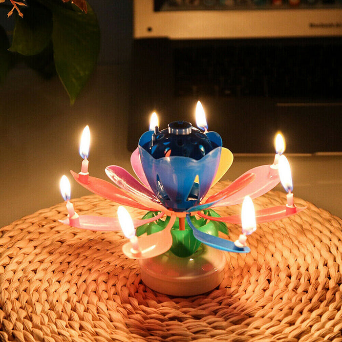 2Pcs Lotus Music Birthday Cake Candle Rotating Double-Deck