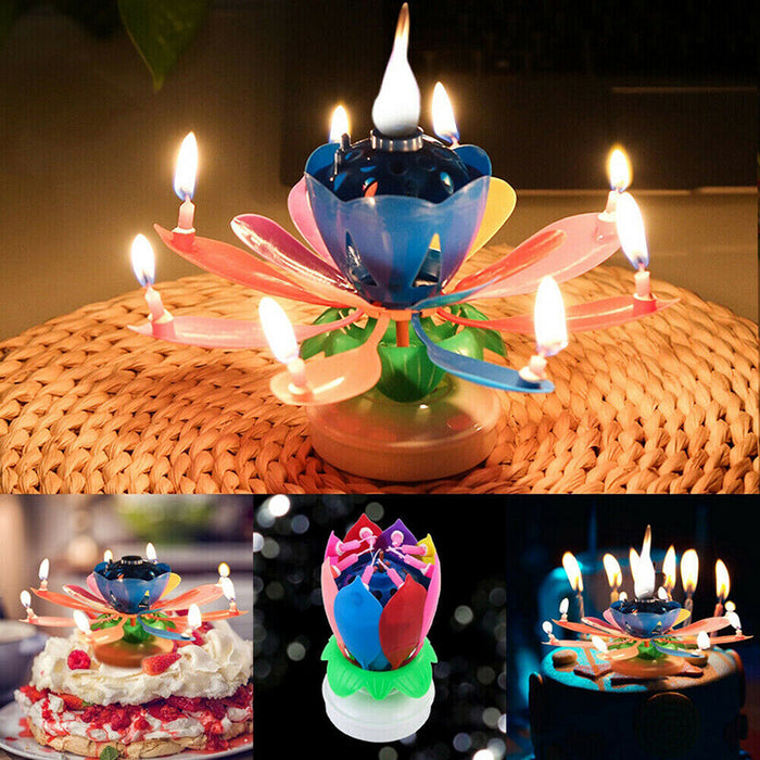 2Pcs Lotus Music Birthday Cake Candle Rotating Double-Deck