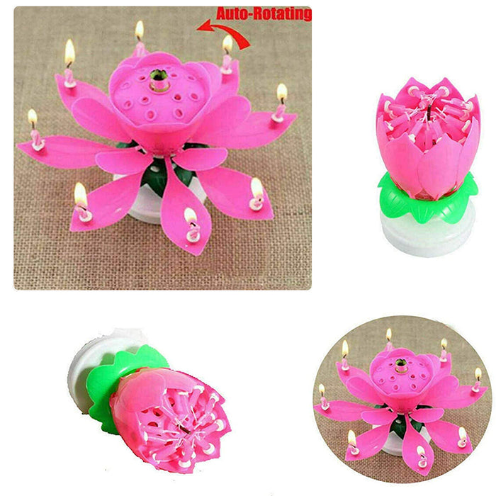 2Pcs Lotus Music Birthday Cake Candle Rotating Double-Deck