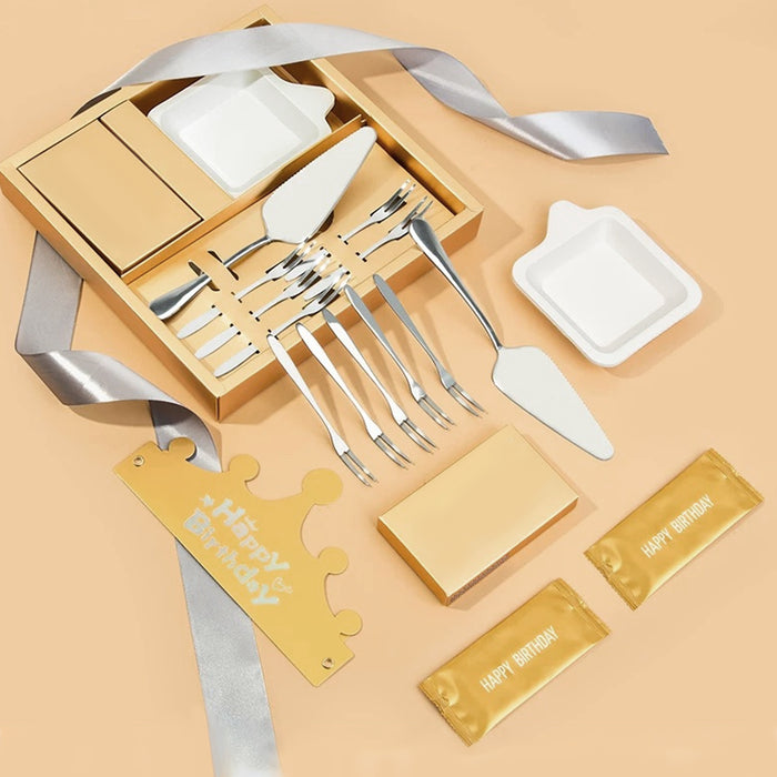Stainless Steel Cake Knife Fork Plate Set with Candles for Party Dessert Serving