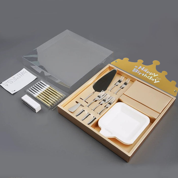 Stainless Steel Cake Knife Fork Plate Set with Candles for Party Dessert Serving