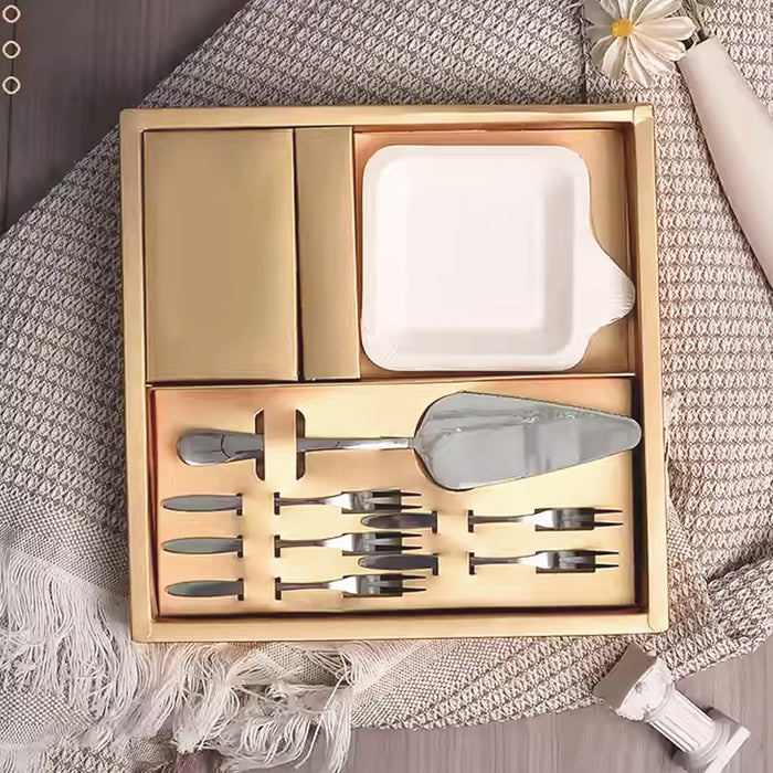 Stainless Steel Cake Knife Fork Plate Set with Candles for Party Dessert Serving