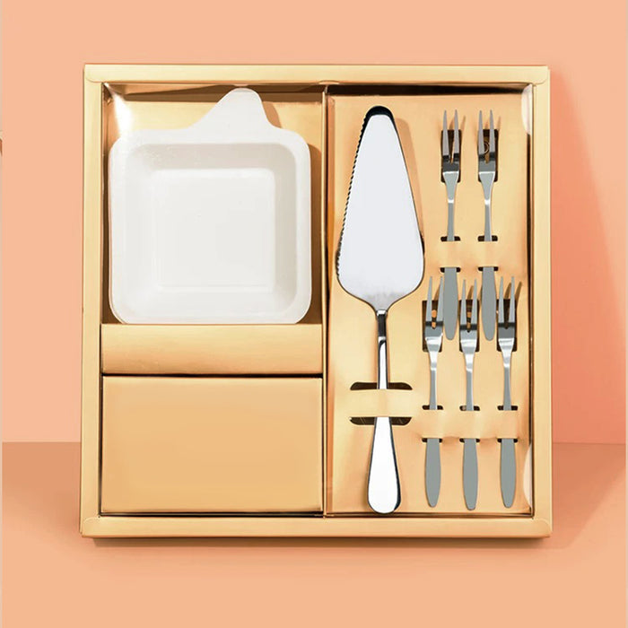 Stainless Steel Cake Knife Fork Plate Set with Candles for Party Dessert Serving