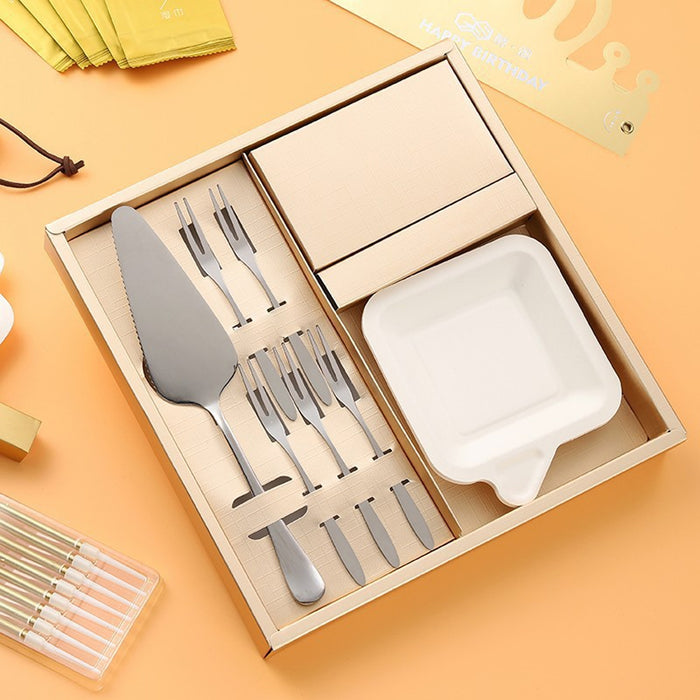 Stainless Steel Cake Knife Fork Plate Set with Candles for Party Dessert Serving