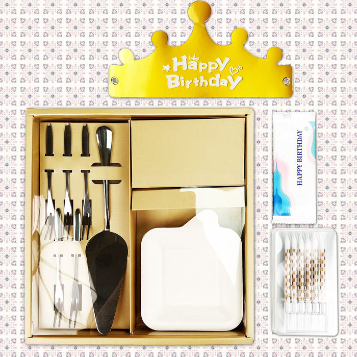 Stainless Steel Cake Knife Fork Plate Set with Candles for Party Dessert Serving