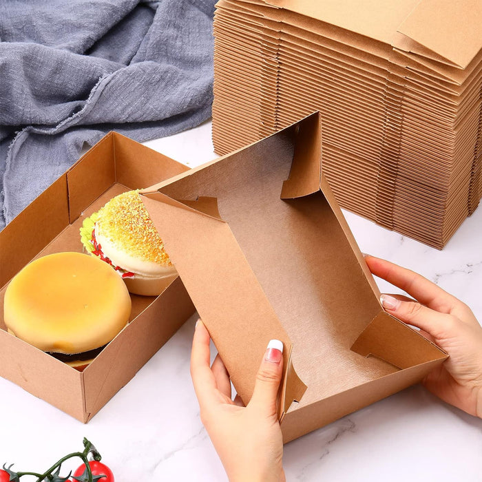 50 Pcs Disposable Kraft Paper Lunch Boxes Fold-Lock Leak-Resistant 14 x 22 x 6 cm
