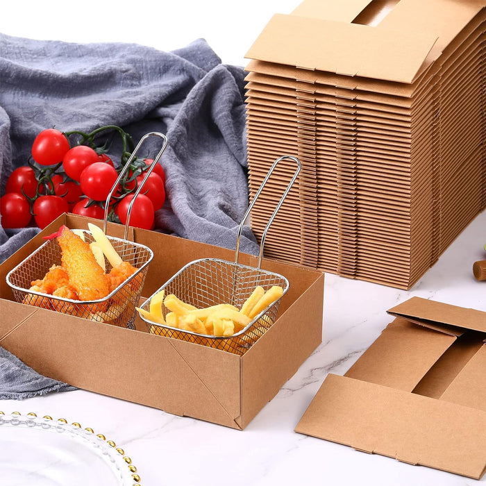 50 Pcs Disposable Kraft Paper Lunch Boxes Fold-Lock Leak-Resistant 14 x 22 x 6 cm