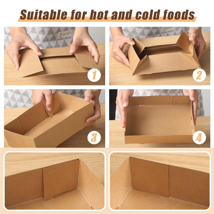 50 Pcs Disposable Kraft Paper Lunch Boxes Fold-Lock Leak-Resistant 14 x 22 x 6 cm