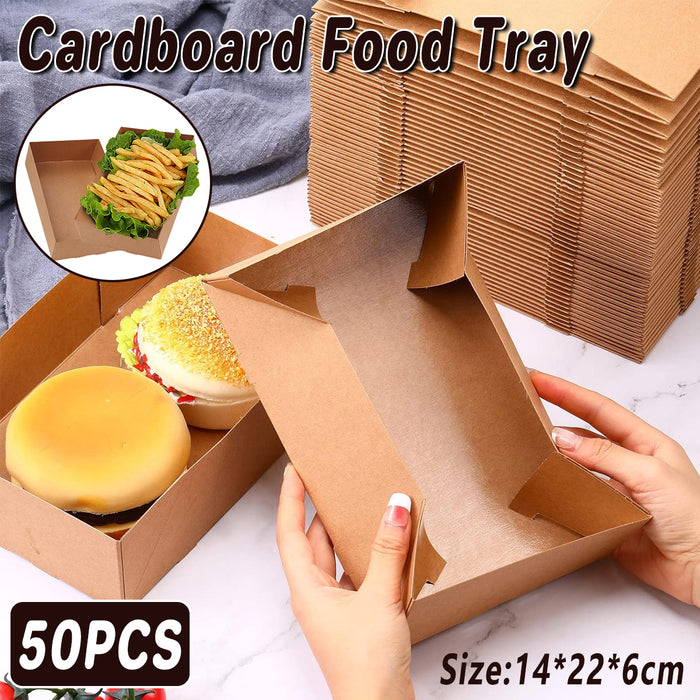 50 Pcs Disposable Kraft Paper Lunch Boxes Fold-Lock Leak-Resistant 14 x 22 x 6 cm