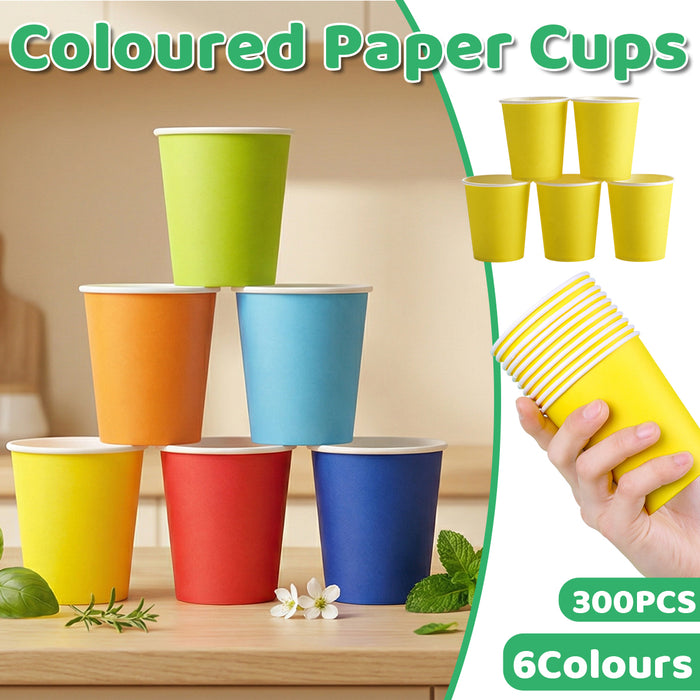 300PCS Paper Cups Food-Grade 6 Colours for Party Hot & Cold Drinks