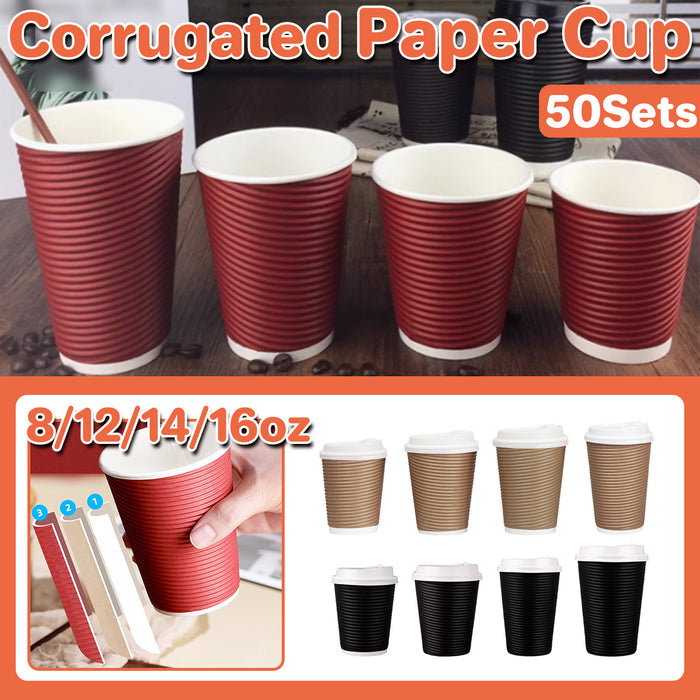 50 Sets Corrugated Paper Cups With White Lids 8oz 12oz 14oz 16oz