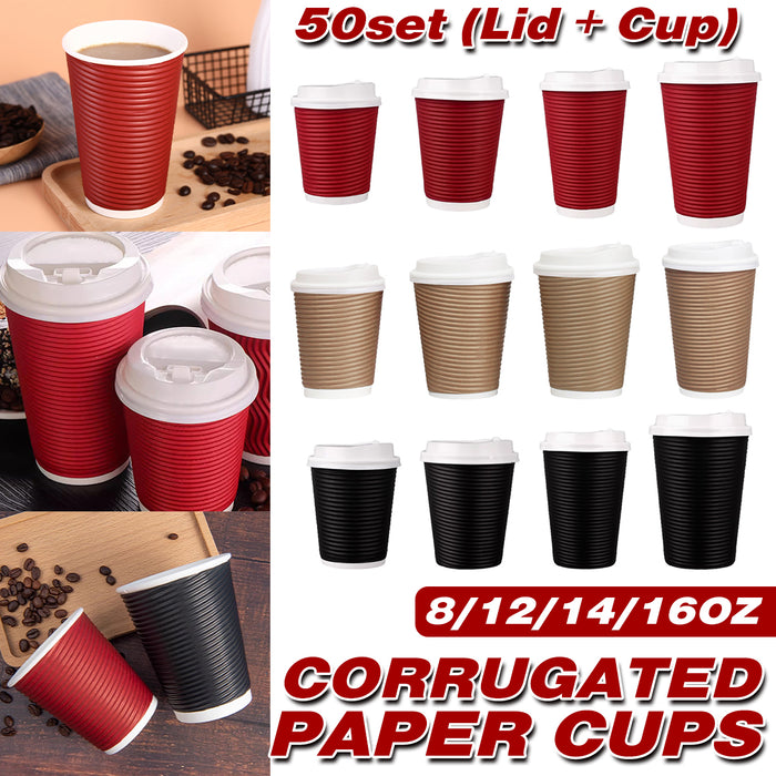 50 Sets Corrugated Paper Cups With White Lids 8oz 12oz 14oz 16oz