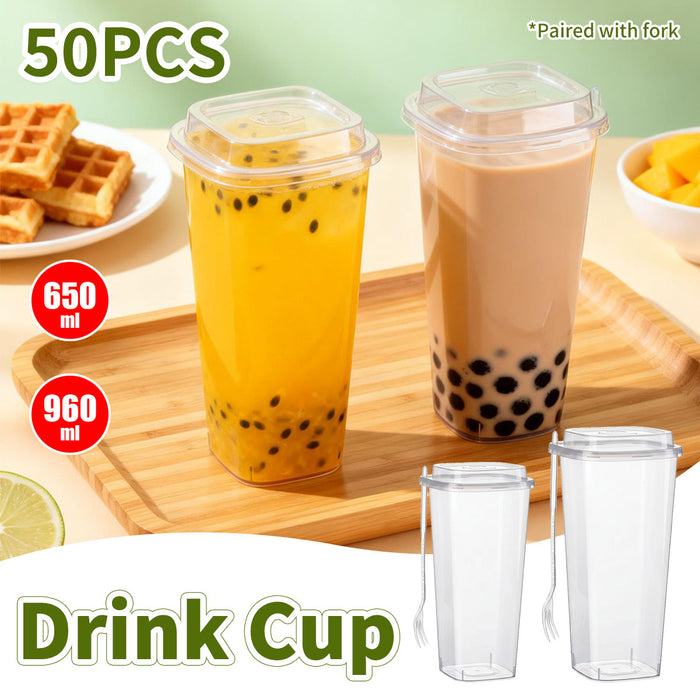 50 Pcs Fruit Tea Cups with Lids Forks 650ml 960ml PP
