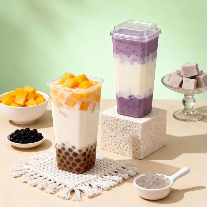 50 Pcs Fruit Tea Cups with Lids Forks 650ml 960ml PP
