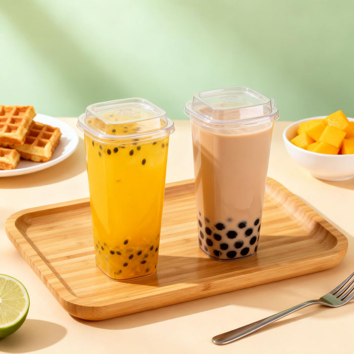 50 Pcs Fruit Tea Cups with Lids Forks 650ml 960ml PP