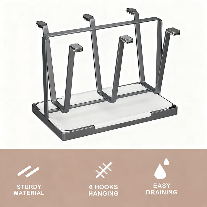 6 Hook Stainless Steel Cup Drying Rack with Drip Tray