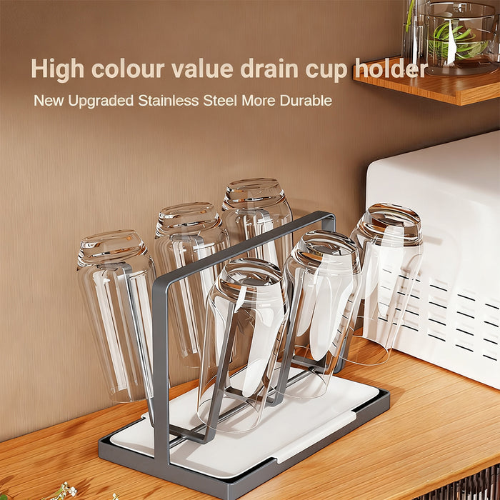 6 Hook Stainless Steel Cup Drying Rack with Drip Tray
