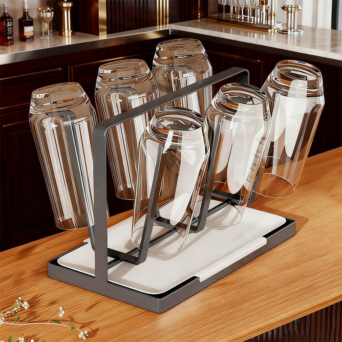 6 Hook Stainless Steel Cup Drying Rack with Drip Tray