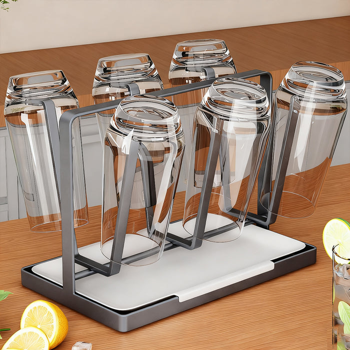 6 Hook Stainless Steel Cup Drying Rack with Drip Tray