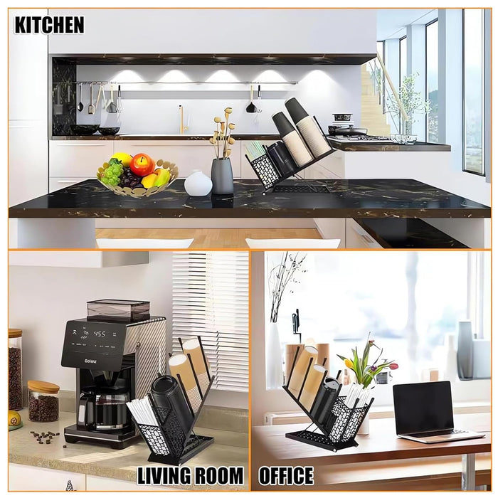 Metal Cup Organiser Rack with Straw Basket, Black