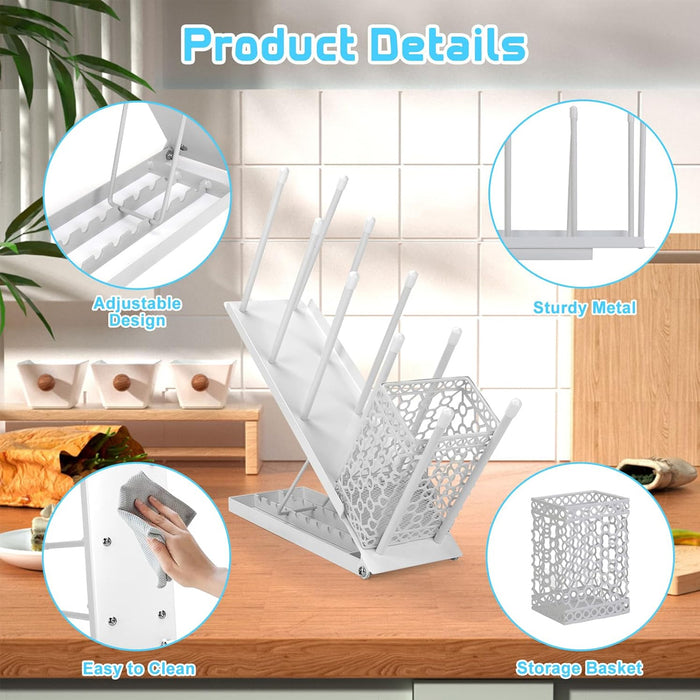 Metal Cup Organiser Rack with Straw Basket, White