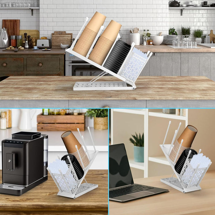 Metal Cup Organiser Rack with Straw Basket, White