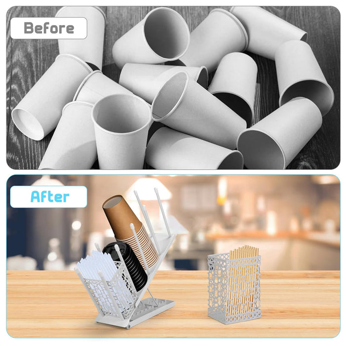 Metal Cup Organiser Rack with Straw Basket, White