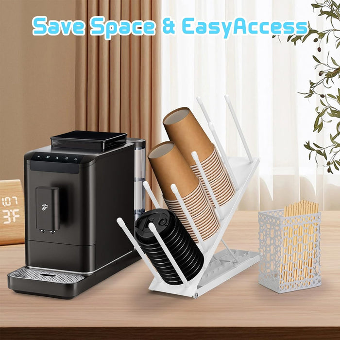 Metal Cup Organiser Rack with Straw Basket, White