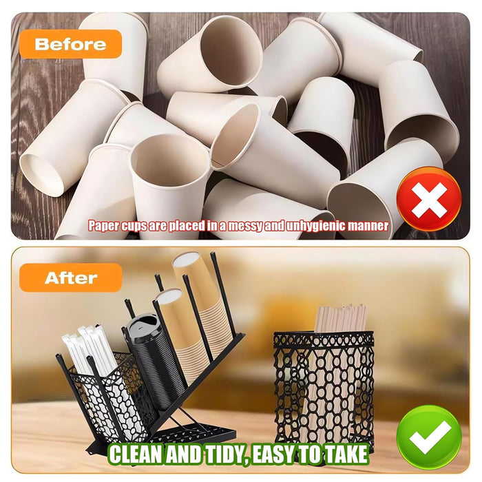 Metal Cup Organiser Rack with Straw Basket, Black