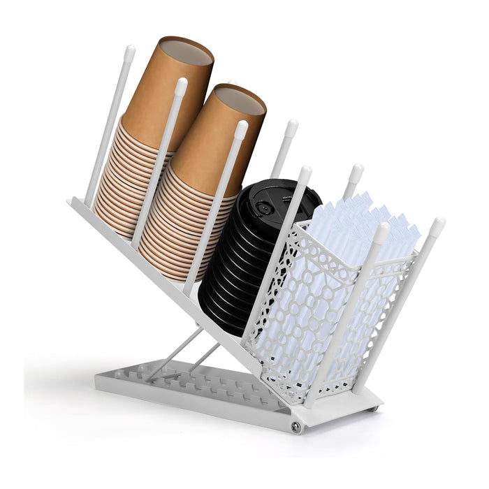 Metal Cup Organiser Rack with Straw Basket, White