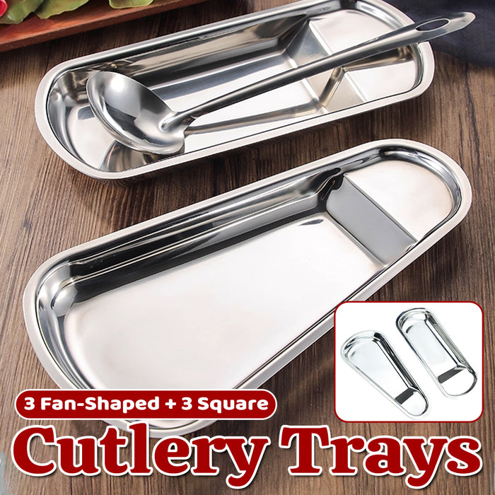 6 Pcs Stainless Steel Cutlery Tray Set 3 Fan-Shaped and 3 Square 28.5 x 15 cm