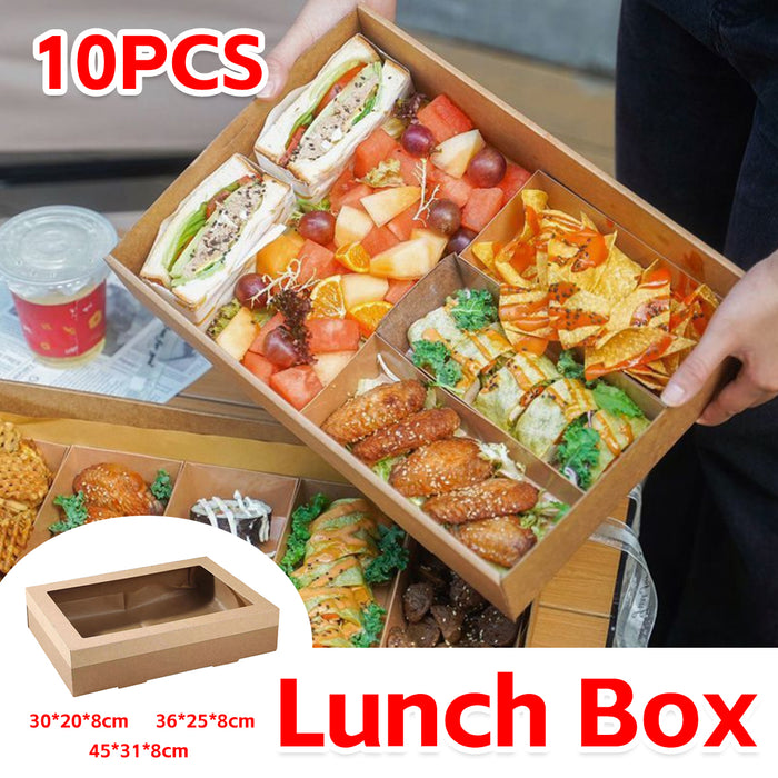 10 Pcs Food-Grade Kraft Paper Lunch Boxes for Outdoor Picnic in 3 Sizes