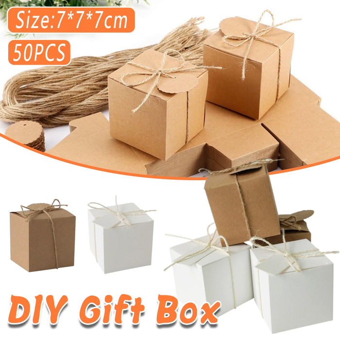 50 Pcs Kraft Paper Gift Boxes 7x7x7cm with Rope and Tags