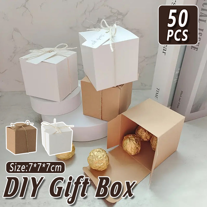 50 Pcs Kraft Paper Gift Boxes 7x7x7cm with Rope and Tags