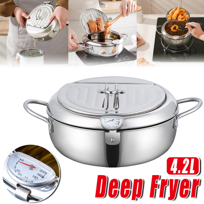304 Stainless Steel Japanese Tempura Fryer 4.2L Oil-Saving with Thermometer