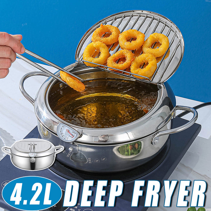 304 Stainless Steel Japanese Tempura Fryer 4.2L Oil-Saving with Thermometer