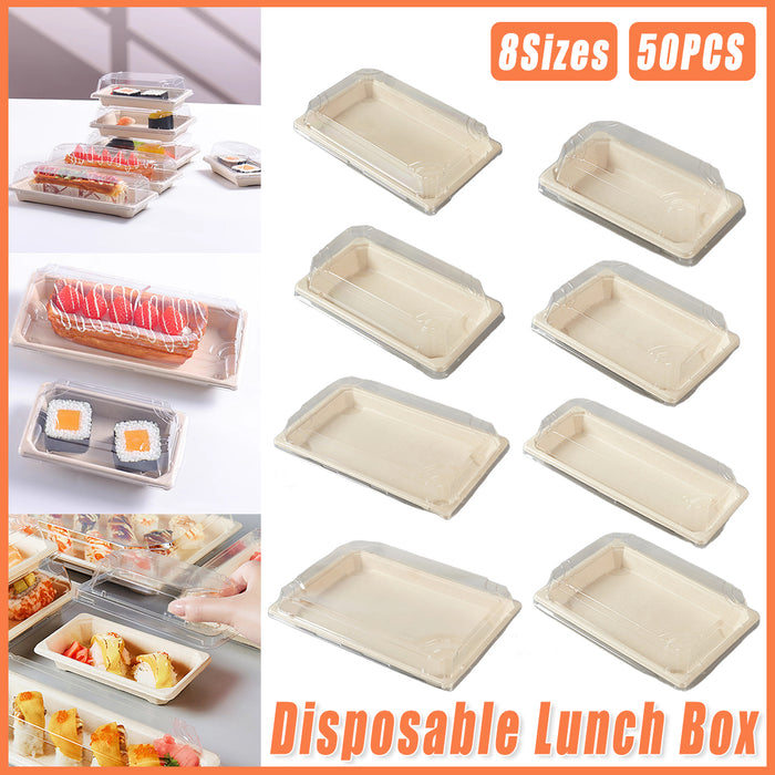 50 Pcs Biodegradable Sushi Boxes with Clear Lid Leak-Proof Natural Beige 8 Sizes