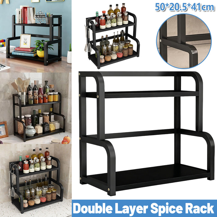 2 Tier Spice Rack Freestanding Steel Black With Hooks
