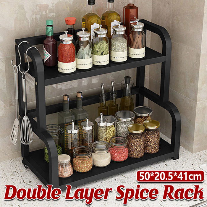 2 Tier Spice Rack Freestanding Steel Black With Hooks