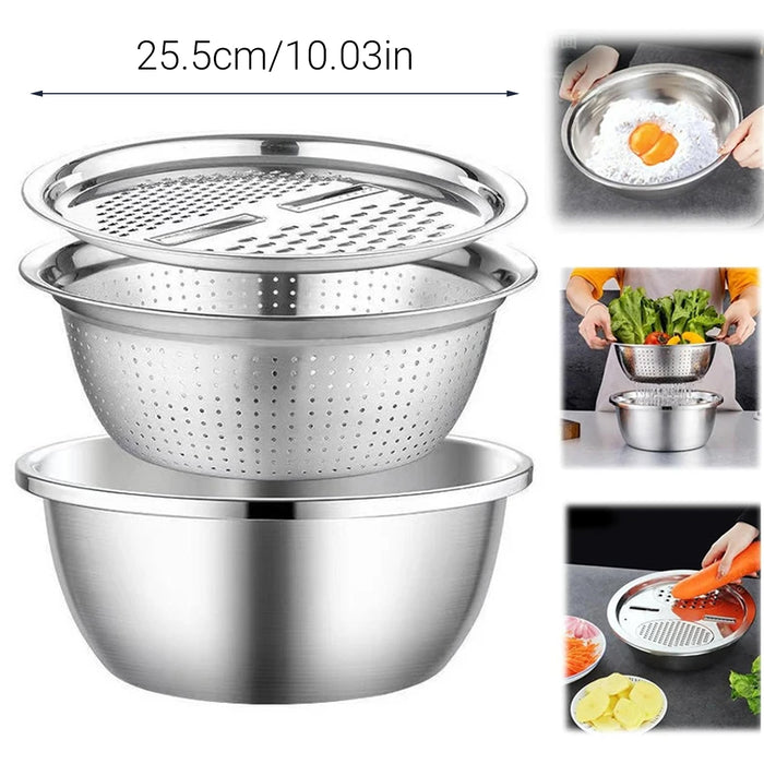 3 Pcs Stainless Steel Colander Basin Mixing Bowl Set with Grater