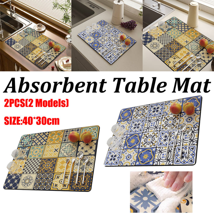 Absorbent Kitchen Drain Mat Non-Slip Countertop Drying Pad Mosaic Pattern 40x30cm