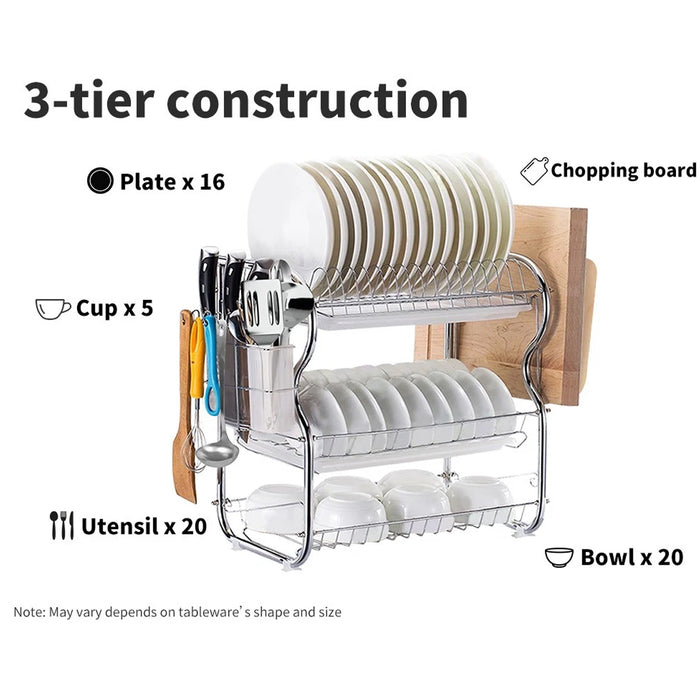 3 Tier Dish Rack Drainer With Tray Cutlery Holder White