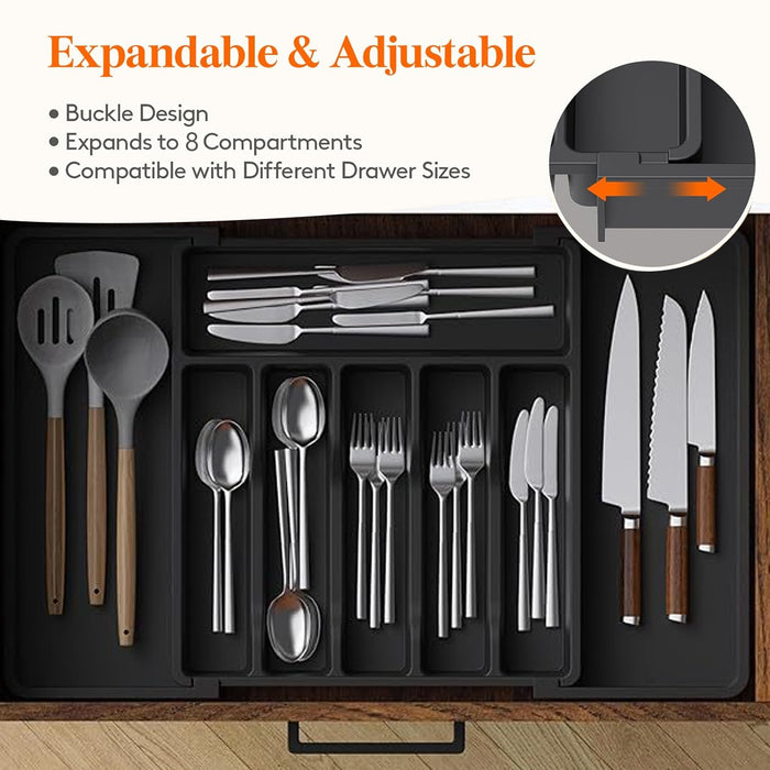 Expandable Cutlery Organiser Tray with Adjustable Width in Black