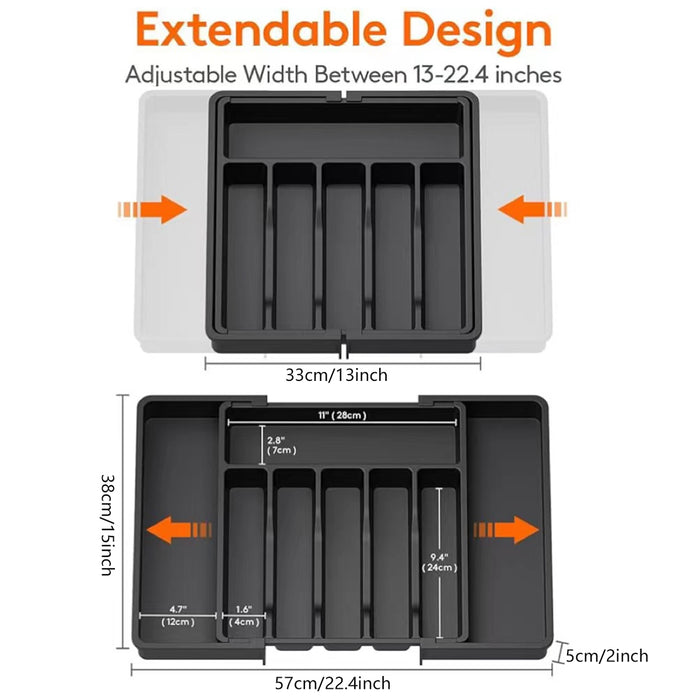 Expandable Cutlery Organiser Tray with Adjustable Width in Black