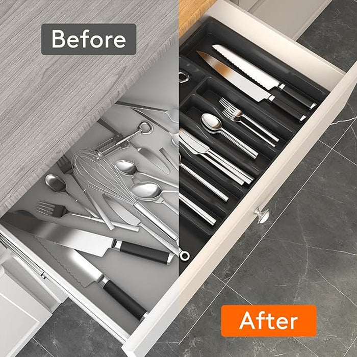 Expandable Cutlery Organiser Tray with Adjustable Width in Black